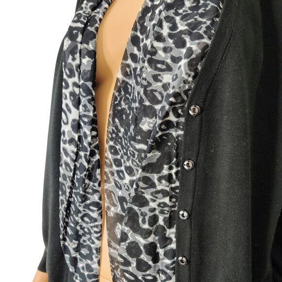 Tahari 100% Cotton Black Leopard Trim Button Front Cardigan Size Medium Petite - Picture 6 of 9